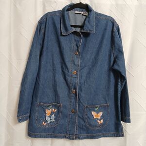 Blair Vtg Jean Jacket Blazer Butterflies Embroidered Pockets Sz Lg gramma core